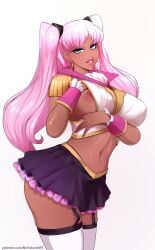 1girls areolae big_breasts blue_eyes breasts catherine_sabathra code_geass code_geass:_roze_of_the_recapture dark-skinned_female dark_skin female female_only first_porn_of_character garter_straps hi_res long_hair looking_at_viewer narrowed_eyes nipples nofuture pink_hair pink_lipstick showing_breast showing_off sideboob skirt smiling smiling_at_viewer solo thighhighs twintails white_background white_thighhighs