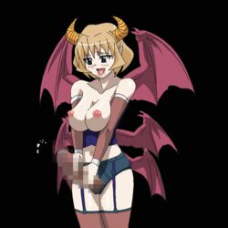 animated arm_gloves artist_request black_background blush breasts brown_hair censored corset crotchless_panties cum cumming demon drool futanari garter_straps gloves hip_wings horns intersex large_breasts looking_down low_wings masturbation midriff naughty_face nipples open_mouth panties penis pointy_ears saliva short_hair slave_quest source_request stockings succubus thighhighs tongue wings