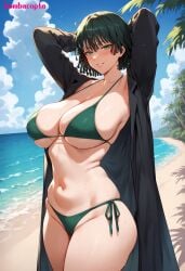 1girls ai_generated beach bikini black_coat bombacopta coat fubuki_(one-punch_man) green_bikini green_eyes green_hair grin hands_behind_head large_breasts one-punch_man thick_thighs