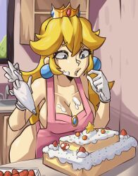 1girls apron apron_only big_breasts blonde_hair blue_eyes busty cake cleavage crown earrings frosting frosting_on_breasts frosting_on_face gloves indoors light-skinned_female light_skin mario_(series) moxydrawsmore naked nintendo princess_peach super_mario_bros.