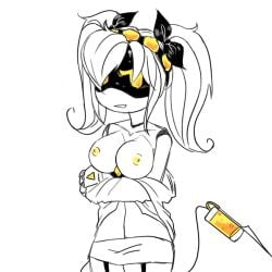 blushing blushing_at_viewer breasts breasts_out female female_focus female_only j_(murder_drones) kiskis murder_drones robot robot_girl solo staring_at_viewer twintails yellow_areola yellow_eyes