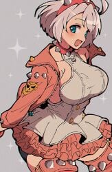 elphelt_valentine guilty_gear guilty_gear_strive happy itsuka_neru large_breasts leather sideboob solo solo_female tight_clothing white_hair