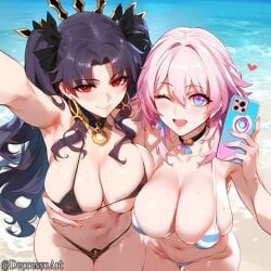 2girls ai_generated bangs beach bikini black_bikini black_hair blue_sky blush bouncing_breasts breast_press cleavage closed_eyes cloud crossover day depressu earrings eyebrows_visible_through_hair eyewear_on_head fate/grand_order fate_(series) female female_only from_above heart honkai:_star_rail huge_breasts ishtar_(fate) jewelry large_breasts long_hair looking_at_viewer march_7th_(honkai:_star_rail) multiple_girls navel ocean open_mouth outdoors phone pink_hair ribbon selfie sky smile sunglasses thiccwithaq_(ai_style) thighs twintails water white_bikini