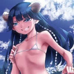 bangs bare_shoulders bikini bikini_top blue_eyes blue_hair color female female_focus female_only horn kekkon_yubiwa_monogatari long_hair looking_at_viewer maybe micro_bikini official_art ring saphir_maasa skinny skinny_female skinny_girl sky_background small_breasts smile smiling smiling_at_viewer swimsuit teeth_showing upper_body white_bikini white_swimsuit