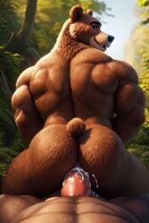 2024 ai_generated anal anal_sex anthro ass back_muscles bear big_butt bmrwcl bodily_fluids brown_body brown_fur cum cum_in_ass cum_inside duo first_person_view forest fur furry gay genital_fluids genitals hi_res looking_at_viewer looking_back looking_back_at_viewer looking_pleasured male male/male mammal muscular muscular_anthro muscular_male nude outside penetration penis plant riding smile tagme tree ursid ursine