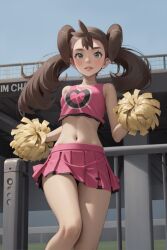 1girls ai_generated blue_eyes brown_hair cheerleader cheerleader_outfit cheerleader_uniform clothed crop_top cropped_legs exposed_shoulders exposed_thighs female female_focus female_only from_below long_hair longjohnsingleduct looking_at_viewer midriff navel pink_clothing pink_shirt pink_skirt pokemon pom_poms quad_tails shauna_(pokemon) skirt solo solo_female solo_focus thighs yellow_pom_poms