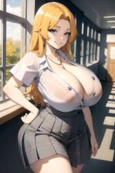 1girls ai_generated big_breasts bleach blonde_hair daidouji_(artist) daidoujipv female huge_breasts long_hair looking_at_viewer matsumoto_rangiku school_uniform silver_eyes solo