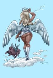 1girls angel angel_wings artist_name ass ass_focus blonde_hair blue_background boots breasts canine clothing cloud dark-skinned_female dark_skin dress feathered_wings feathers female flying footwear from_behind halo high_heel_boots high_heels huge_ass leash legwear long_hair shoes short_dress signature simple_background sky solo thick_thighs thighs toni_greis walking white_dress wide_hips wings