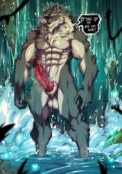 1boy abs anthro balls canid canine countershading detailed_background dialogue english_text erect_penis erection eyepatch genitals grey_fur knot knotted_penis looking_at_viewer male male_only muscles muscular muscular_male nude nude_male penis red_eyes solo speech_bubble talking_to_viewer turtlechan very_high_resolution waterfall wolf