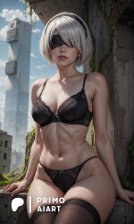 1girls ai_generated blindfold bob_cut bra female hairband lace_bra lace_panties lingerie midriff nier nier:_automata panties primo_aiart solo stable_diffusion thighhighs white_hair yorha_2b