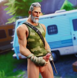 1boy beard bottomless fortnite male_focus male_only masturbation mrguild muscular old_man oswald outdoors penis solo tagme tattoo