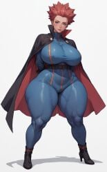 ai_generated arms_behind_back blue_clothing blue_eyes cape female genderswap_(mtf) heels lance_(pokemon) large_ass large_breasts looking_at_viewer muscular patreon pokemon red_hair spiked_hair thick_thighs white_background xheceox