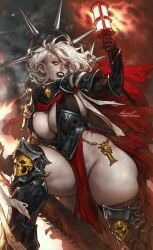 1girls adepta_sororitas aleriia_v aquila_(symbol) armor armored_female battlefield big_ass big_breasts black_lipstick blade blue_eyes brazier breasts_bigger_than_head busty cape chainsword different_eye_color female female_only fire gold_(metal) gold_jewelry imperium_of_man impractical_armor lantern lerapi lipstick loincloth no_bra no_panties plump purity_seal revealing revealing_clothes scar scar_on_face sister_of_battle skimpy skimpy_clothes smoke solo solo_female sword tattoo tattoo_on_face thick thick_thighs torch warhammer_(franchise) warhammer_40k weapon white_hair wide_hips