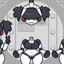 :3 animated ball_joints cameltoe chubby clothed clothing double_v factory gym_clothes huge_breasts mob_face moxifloxi multiple_girls octotron2000 pixel_art plump robot robot_girl thick_thighs twintails white_body wide_hips