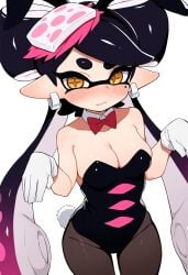 +_+ 1girls adapted_costume ai_generated black_hair blush bowtie bunny_ears bunnysuit callie_(splatoon) cleavage closed_mouth earrings embarrassed fake_animal_ears fake_animal_tail fake_tail gloves gradient_hair looking_at_viewer medium_breasts mole mole_under_eye multicolored_hair nintendo novelai pink_hair pointy_ears self_upload splatoon standing tentacle tentacle tentacle_hair twintails white_gloves yellow_eyes