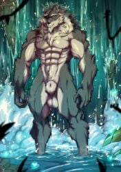 1boy abs anthro balls canid canine countershading detailed_background eyepatch genitals grey_fur looking_at_viewer male male_only muscles muscular muscular_male nude nude_male red_eyes solo turtlechan very_high_resolution waterfall wolf