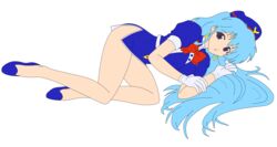 1girls aqua_hair busakumas earrings female gloves highres legs long_hair miniskirt open_mouth photoshop purple_eyes short_dress skirt stewardess tenjouin_katsura thighs vector_trace yat_anshin_uchuu_ryokou