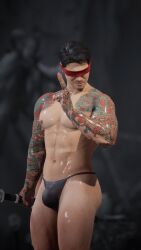 1boy bulge kenshi_takahashi male male_focus male_only mortal_kombat mortal_kombat_1_(2023) solo solo_focus solo_male tattoo thong