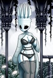 anthro arthropod black_eyes bra breasts cleavage clothed clothing crown female garter_belt garter_straps headgear hi_res hollow_knight insects latiar legwear lingerie mtf_crossgender non-mammal_breasts pale_king_(hollow_knight) panties rule_63 rule_63 solo stockings team_cherry thigh_highs underwear white_body