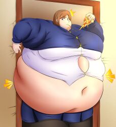 1girls bbw belly_exposed big_belly big_breasts blue_clothing brown_leggings brunette_hair chechecheart colored cracking_wall eating_pizza fat fat_fetish fat_woman feederism jujutsu_kaisen kugisaki_nobara looking_at_viewer morbidly_obese morbidly_obese_female obese obese_female second-party_source stuck_in_doorway teenage_girl teenager tiny_head ussbbw weight_gain white_clothing