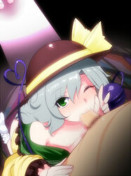 bare_shoulders blush bow censored fellatio flat_chest green_eyes grey_hair hat hyudora koishi_komeiji looking_at_viewer mosaic_censoring open_clothes oral penis satori_komeiji socks touhou walk-in wink