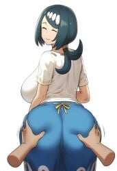 1boy 1girls artist_request ass ass_grab blue_eyes blue_hair blue_skirt freckles hair_ornament lana's_mother_(pokemon) mature_female milf nintendo pokemon pokemon_sm shirt skirt tied_hair white_shirt