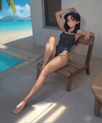 1girls asian asian_female badilave barefoot black_hair legs light-skinned_female light_skin looking_at_viewer misato_katsuragi neon_genesis_evangelion one-piece_swimsuit relaxing smile swimsuit