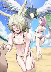 1boy aotaka0202 ass beach bikini bird blush cat_ears cat_tail droll_and_lockbird duel_monster female large_breasts looking_back male_in_bikini offscreen_character palm_tree pink_hair tri-brigade_ferrijit_the_barren_blossom twink yu-gi-oh!