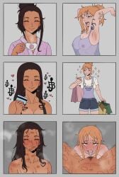 ahe_gao bite_mark cunnilingus eye_contact female female_only fspc hickey kiss_mark licking_pussy nami nico_robin nipples_visible_through_clothing one_piece oral pleasure_face post-timeskip pov pubic_hair pussy tongue_out yuri