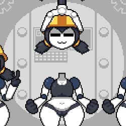 :3 animated ball_joints cameltoe chubby clothed clothing double_v factory gym_clothes hard_hat mob_face moxifloxi multiple_girls octotron2000 pixel_art plump robot robot_girl small_breasts thick_thighs twintails white_body wide_hips