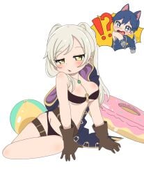 !? 1boy 1girls alternate_costume bikini blue_eyes blue_hair chrom_(fire_emblem) fire_emblem fire_emblem_awakening fire_emblem_heroes large_breasts nintendo official_alternate_costume purple_bikini purple_swimsuit robin_(female)_(summer)_(fire_emblem) robin_(fire_emblem) robin_(fire_emblem)_(female) rukinya swimsuit white_hair yellow_eyes