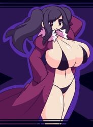 1girls big_breasts breasts clothing dark_hair female_only fur_trim gensin julianne_stingray light-skinned_female red_eyes simple_background solo thick_thighs underwear va-11_hall-a voluptuous