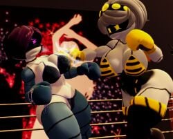 2girls 3d 3d_(artwork) big_breasts bikini boxing boxing_gloves boxing_match breast_punch breasts catfight female_focus female_only fight fighting huge_breasts josugomezofficialnew large_breasts murder_drones punch punching punching_breasts purple_hair robot robot_girl ryona short_hair thick thick_thighs thighs uzi_(murder_drones) v_(murder_drones) vs white_hair wide_hips