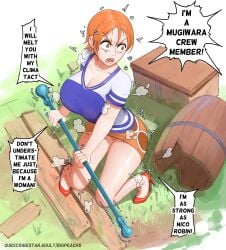 1girls ass big_ass big_breasts bigpeachs bikini breasts english_text female female_only nami nami_(classic) one_piece pre-timeskip shirt short_hair shounen_jump skirt solo