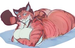 2020s 2024 2d 2d_(artwork) anthro anthro_only ass big_ass big_breasts big_thighs breasts brown_hair cat_tail fangs feline fur furry furry_female furry_only hi_res highres hips large_ass large_breasts large_thighs milf on_bed original original_character round_ass sharp_teeth smile smiling smiling_at_viewer solo solo_female solo_focus svetlana_(wulfwaffle) themercart thick_thighs thighs tiger tiger_print tiger_tail wide_hips