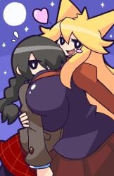 2girls big_breasts blonde_hair breasts clothing dark_hair funamusea gensin heart huge_breasts light-skinned_female moge-ko mogeko_castle pixel_art simple_background tagme yonaka_kurai