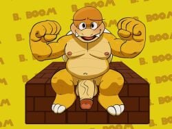 anthro balls barefoot bboom_boom_(mario) biceps blush boom_boom_(mario) casual_nudity feet genitals humanoid_genitalia humanoid_hands humanoid_penis koopa male manly mario_(series) navel nintendo nipples nude pecs penis pooncartoonist reptile scalie simple_background smile solo super_mario_bros.