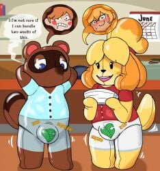 animal_crossing blush bound chastity_device edging encasement faetomi hi_res human humanoid isabelle_(animal_crossing) latex mammal mascot mascot_costume nintendo null_bulge permagrin permanent_smile tom_nook