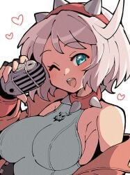 blue_eyes collar elphelt_valentine guilty_gear guilty_gear_strive itsuka_neru large_breasts leather solo solo_female tight_clothing white_hair wink