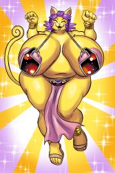 anthro bbw big_breasts d'leta_bell feline female furry genkai_toppa_wrestling! goudadunn hi_res huge_breasts large_breasts overweight overweight_female pubic_hair purple_hair solo yellow_body yellow_fur