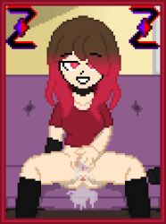 ass bete_noire betty_noire breasts brown_hair glitchtale long_hair long_socks magenta_shirt red_eyes red_hair squirting z!betty zixy