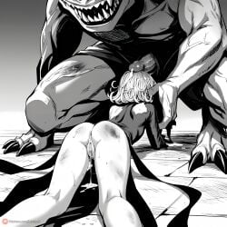 1boy 1girls after_anal after_rape ai_generated ass cum cum_in_pussy female henrychrist male monochrome monster one-punch_man penis pussy rape tatsumaki