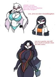 anthro big_breasts blush breasts clothing comic elderly english_text female group helluva_boss mature_female octavia_(helluva_boss) owl_demon pace-maker queen_octavia_(teathekook) small_waist stella_(helluva_boss) swimwear text thick_thighs trio wide_hips