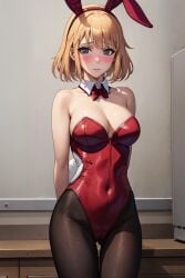 ai_generated blonde_hair blush breasts bunny_ears bunny_girl bunny_tail bunnysuit cha_hae_in collar red_bunny_ears red_bunnysuit solo_leveling stockings tights