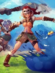 1girls barbarian barbarian_armor barbarian_helm barbarian_leg_wraps barbarian_link barbarian_link_(cosplay) blonde_hair blue_chuchu_(breath_of_the_wild) blue_moblin_(breath_of_the_wild) body_markings bodypaint breasts breath_of_the_wild chuchu chuchu_(the_legend_of_zelda) crown_braid dragonbone_moblin_club eltonel fight fighting green_eyes humanoid hylian hylian_shield large_breasts link link_(breath_of_the_wild) male master_sword moblin monster nintendo nipples open_toe_shoes pale_skin pointy_ears princess_zelda short_hair skull slime soldier's_broadsword sword tears_of_the_kingdom the_legend_of_zelda wardrobe_malfunction weapon zelda_(tears_of_the_kingdom) zonai_barbarian_set