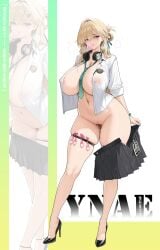 breasts condom condom_in_mouth full_body fully_clothed lynae_(wuthering_waves) meteorpixiv pussy school_uniform schoolgirl skirt_lift tits_out wuthering_waves