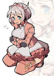 arms_crossed elphelt_valentine embarrassed guilty_gear guilty_gear_strive itsuka_neru large_breasts leather on_knees solo solo_female tears tight_clothing white_hair