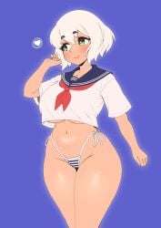 1girls bangs blue_sailor_collar blush bra breasts covered_nipples curvaceous curvy elara_(whomperfruit) female female_only green_eyes heart hourglass_figure huge_breasts no_pants original original_character sailor_collar school school_uniform short_hair solo striped_panties student thick_thighs thighs underboob white_hair whomperfruit