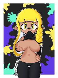 animal_humanoid anthro artist_name black_legwear black_pants breasts breasts_out cephalopod cephalopod_humanoid danidrawz hand_on_breast humanoid inkling inkling_girl looking_at_viewer mask_(marking) navel new_agent_3_(splatoon) nintendo nipples pointy_ears shirt_in_mouth shirt_lift splatoon splatoon_3 splatoon_3:_return_of_the_mammalians squid tentacle tentacle_hair veronika_(splatoon) yellow_eyes yellow_hair