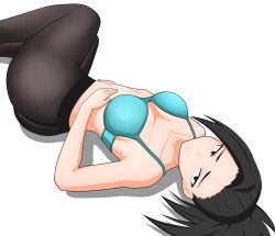 black_hair bra female laying_down looking_at_viewer momo_yaoyorozu my_hero_academia pantyhose shinjicoca yaoyorozu_momo